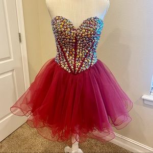 Sherri Hill Hot Pink Strapless Corset Embellished Tulle Formal Dress (Sz 8)